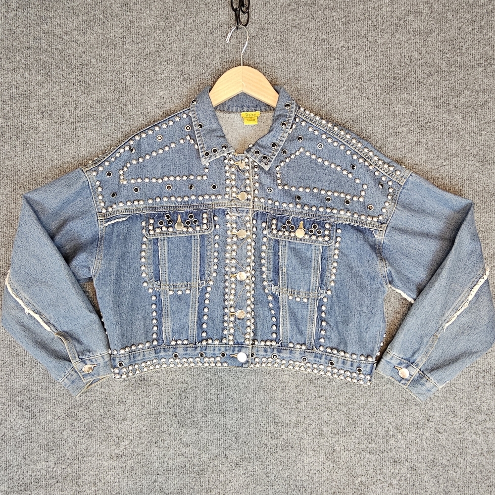 Sparkle Edge: Studded "Daisy"‎ Cropped Denim Jacket